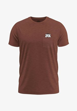 Brown short-sleeve t-shirt made from textured fabric, featuring a chest pocket with a cartoon bear graphic wearing a top hat.