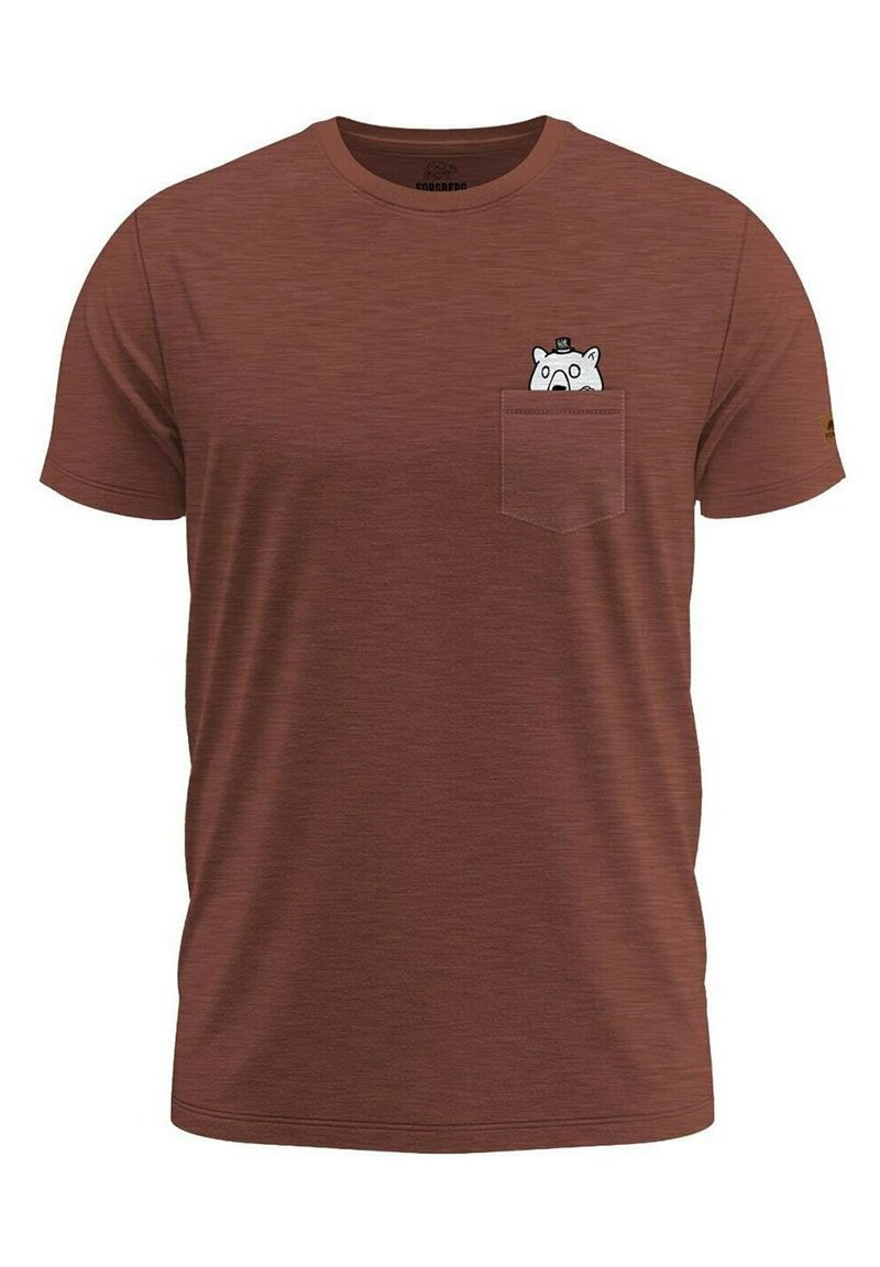 Bruin kortärmig T-shirt van textuurstof, met een borstzakje waarop een cartoonbeer met een hoge hoed staat afgebeeld.