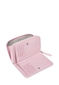 Pink leather wallet with a zip closure, featuring multiple card slots and a patterned inner lining. Smooth texture with subtle accents.