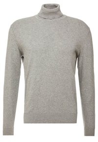 Pull à col roulé gris en tissu tricoté doux. Il présente des manches longues, des poignets côtelés et un ourlet côtelé. Texture lisse sur l'ensemble.