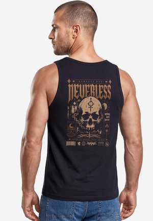 Muscular man with short hair wearing black tank top with skull, chains, symbols, and text reading "Neverless," "Memento Mori," and "nothing lasts forever."