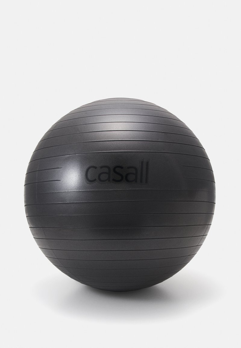 Fekete edzőlabda sima, gumiszerű felülettel és vízszintes bordázattal. A "casall" logó sötét betűkkel van nyomtatva.
