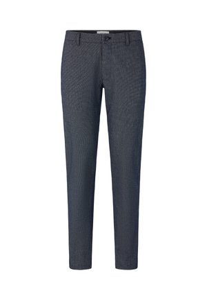 Heren donkerblauwe chino broek van textuurstof, slim fit, met een knoopsluiting en ceintuurlussen. Rechte voorkant zonder zichtbare patronen.