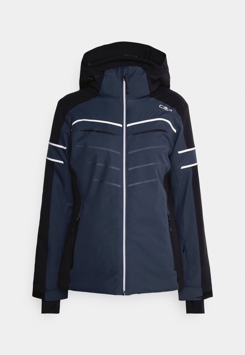 Marineblauwe waterdichte jas met zwarte accenten, een voorrits, capuchon en reflecterende stripes. Voorzien van lange mouwen en ritszakken aan de zijkant.