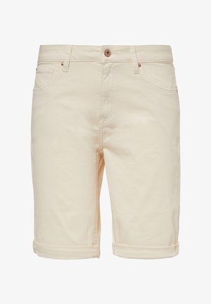 Beige katoenen shorts met een omgeslagen zoom, voorzien van voorzakken en een knoopsluiting. Gladde textuur met minimale detailing.