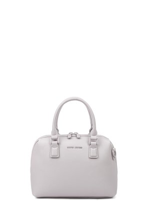 Hellgraue, strukturierte Lederhandtasche mit zwei Griffen, Reißverschluss und "David Jones"-Logo auf der Vorderseite.