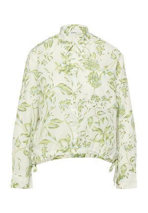 White collared blouse with green floral print, long sleeves, front chest pocket, and adjustable waist ties.