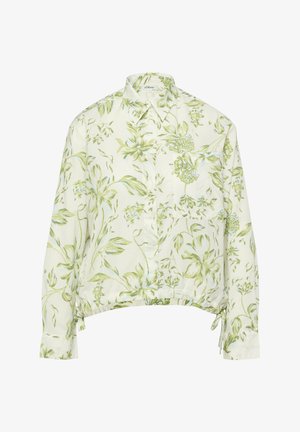 White collared blouse with green floral print, long sleeves, front chest pocket, and adjustable waist ties.