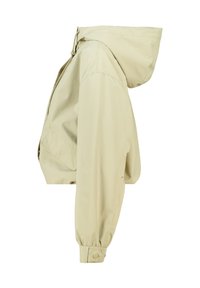 Giacca beige con cappuccio dal design corto, polsini elastici e tasca frontale. Tessuto leggero e dalla texture liscia, ideale per l'uso all'aperto.