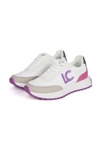 White athletic shoes with purple and pink accents, featuring a textured upper and a chunky sole with a ridged pattern. Prominent logo on side.