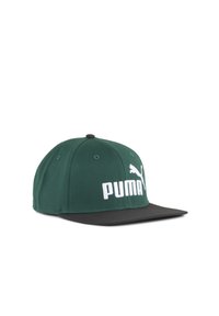 Sapca verde cu bor black, având un mare logo alb "PUMA" și o grafică cu pisica, confecționată dintr-un material textil cu un design structurat și șase panouri.