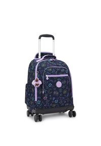 Rucksacktrolley mit einem dunkelblauen Blumenmuster, lila Akzenten, einem plüschigen Zubehör, einer großen Fronttasche und glatten Rädern für eine einfache Handhabung.