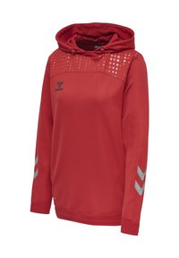 Rotes Sport-Sweatshirt mit Kapuze und Kordelzug, gepunktetes Muster auf der Brust und reflektierende Chevron-Designs auf den Ärmeln.