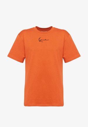 Oranges Baumwoll-T-Shirt mit kurzen Ärmeln, Rundhalsausschnitt und einem schwarzen gestickten Logo auf der Brust. Weicher Stoff mit lockerer Passform.