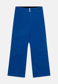 Blauwe waterdichte broek met een rechte snit, twee voorzakken, riemlussen en een zwart gevoerde tailleband. Beschikt over een gladde textuur en versterkte naden.