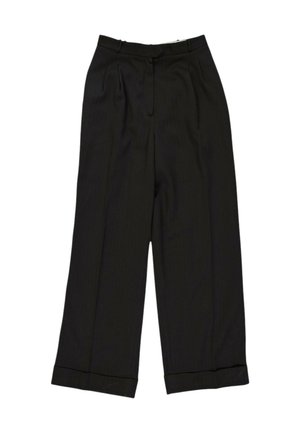 Pantalones negros de talle alto y pierna ancha con dobladillos puños y pliegues delanteros, mostrados planos sobre un fondo blanco.