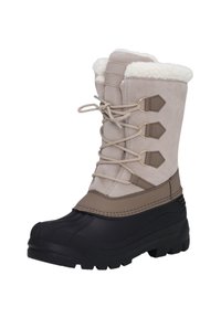 Bota de nieve beige con parte superior de ante, puño de pelaje sintético y suela de goma negra. Presenta un diseño de cordones y acentos de hardware hexagonales.