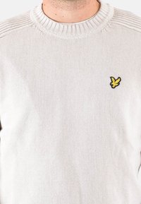 Pull en maille gris clair avec col côtelé et détails aux épaules. Comprend un petit logo jaune et noir sur le côté gauche de la poitrine. Texture douce.