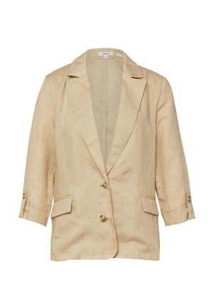 Beżowa lniana marynarka z kołnierzem z klapą, dwoma przednimi guzikami, rękawami 3/4 z paskami na guziki oraz dwoma kieszeniami z patkami.