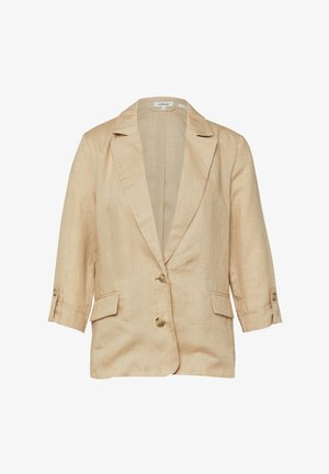 Blazer en lin beige avec col à revers, deux boutons devant, manches 3/4 avec pattes de boutonnage et deux poches à rabat.
