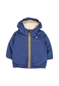 Blå børne vinterjakke med hætte, beige fleecefor, elastiske manchetter og frontlynlås med gule, hvide og røde striber.