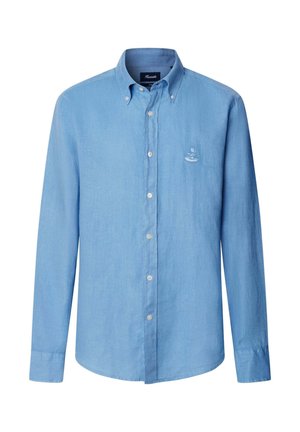 Camicia a maniche lunghe di colore azzurro chiaro, con bottoni e colletto abbottonato, con un piccolo logo ricamato sul petto a sinistra.