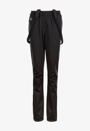 Sorte vandtætte bukser med justerbare seler, elastisk talje, glat tekstur og forstærkede knæ for holdbarhed.