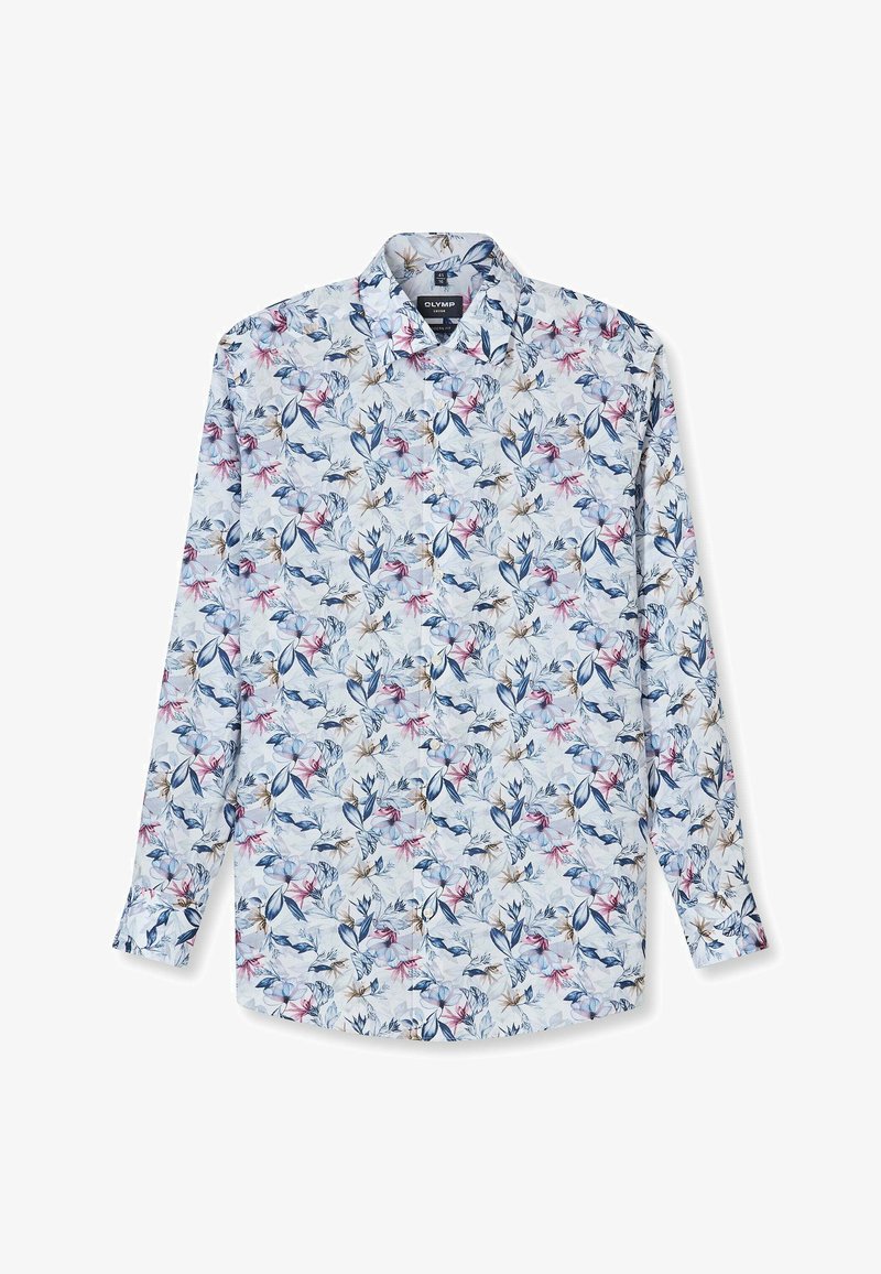 Witte blouse met lange mouwen, knoopsluiting, blauw, roze en beige bloemenprint, klassieke kraag en knoopmanchetten.