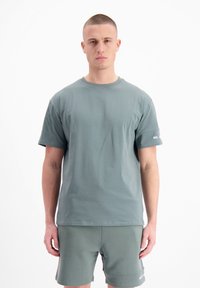 Lichtgroen katoenen t-shirt met een ronde hals en korte mouwen, voorzien van een klein logo in het wit op de linkermouw. Gladde textuur.