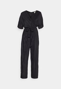 Jumpsuit noir plissé avec un design wrap, des manches courtes et une taille nouée. Fabriqué dans un tissu lisse et présente une silhouette à jambes droites.