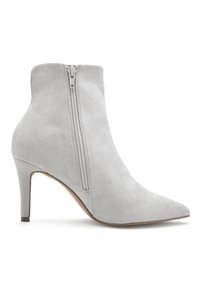 Graue Wildleder-Ankle-Boots mit spitzer Zehenpartie, seitlichem Reißverschluss und schlanker, hoher Ferse. Glatte Textur mit minimalen Details.
