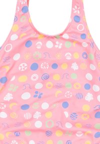 Roze zwemkleding met een gestructureerd oppervlak, voorzien van kleurrijke cirkelpatronen, zonnen en abstracte ontwerpen door de stof.