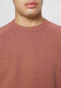 Primer plano de una persona que lleva un sudadera de cuello redondo en rosa empolvado, mostrando los labios, la barbilla y la parte superior del pecho contra un fondo liso.