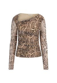 Top a maniche lunghe con stampa effetto serpente. Realizzato in un tessuto leggero e elasticizzato con scollatura asimmetrica e dettagli arricciati in vita.