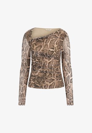 Top a maniche lunghe con stampa effetto serpente. Realizzato in un tessuto leggero e elasticizzato con scollatura asimmetrica e dettagli arricciati in vita.