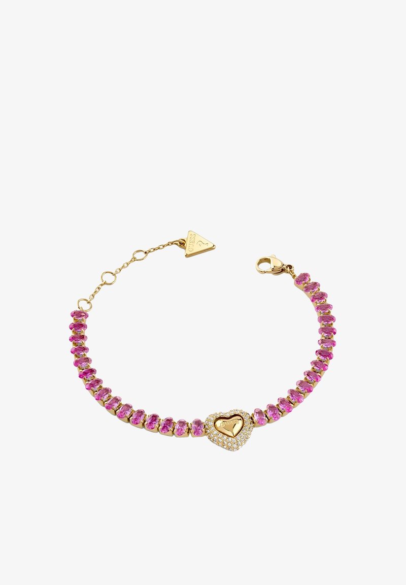 Bracelet en ton or avec des pierres précieuses ovales roses, présentant un centre en forme de cœur doré entouré de cristaux clairs et un pendentif triangulaire de la marque.