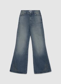 Weit geschnittene Jeans aus hellblauem Denim mit dezentem Used-Effekt, versehen mit filigraner Stickerei am Saum und klassischem Fünf-Taschen-Design.