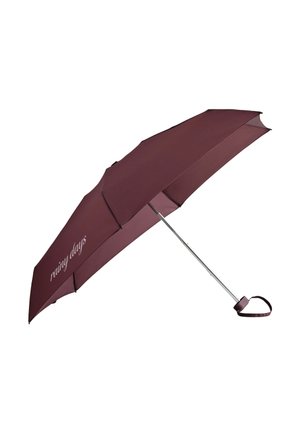 Foldet vinrødt paraply med sølvhåndtag og håndledsrem, med teksten "rainy days" på en af panelerne.