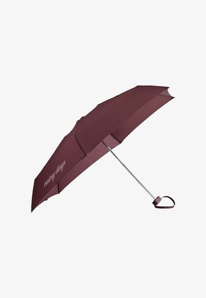 Złożona bordowa parasolka z srebrnym uchwytem i paskiem na nadgarstek, z tekstem "rainy days" na jednym panelu.