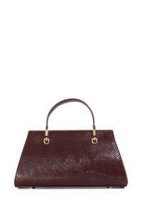 Burgundy faux leather handbag with a textured surface, gold hardware accents, and a structured shape. Features a short handle for carrying.