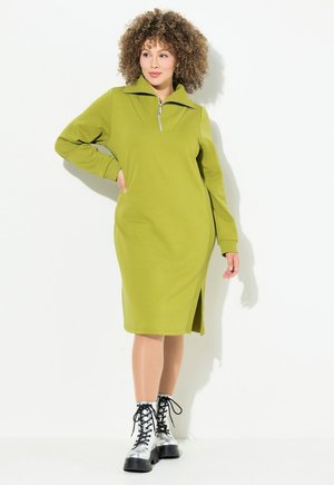 Pitkähihaisia vihreä mekko, jossa on vetoketjukaulus, sivuhalkio ja rento leikkaus, yhdistettynä mustiin nauhakengiin. Silkkinen kankaan rakenne.