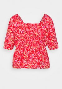Blusa floral vermelha com mangas curtas e bufantes, decote quadrado e detalhes franzidos. O material é leve e possui uma textura suave.
