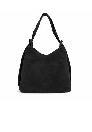 Sac à épaule en suède noir avec une texture lisse, une forme arrondie large et deux poignées courtes pour un transport facile. Pas de matériel visible.