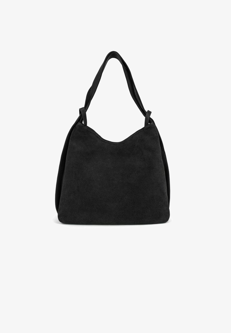 Sac à épaule en suède noir avec une texture lisse, une forme arrondie large et deux poignées courtes pour un transport facile. Pas de matériel visible.
