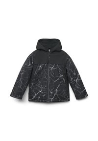 Giacca nera con motivo a fulmini bianchi, con zip frontale e cappuccio. Presenta una sezione superiore completamente nera e due tasche laterali.