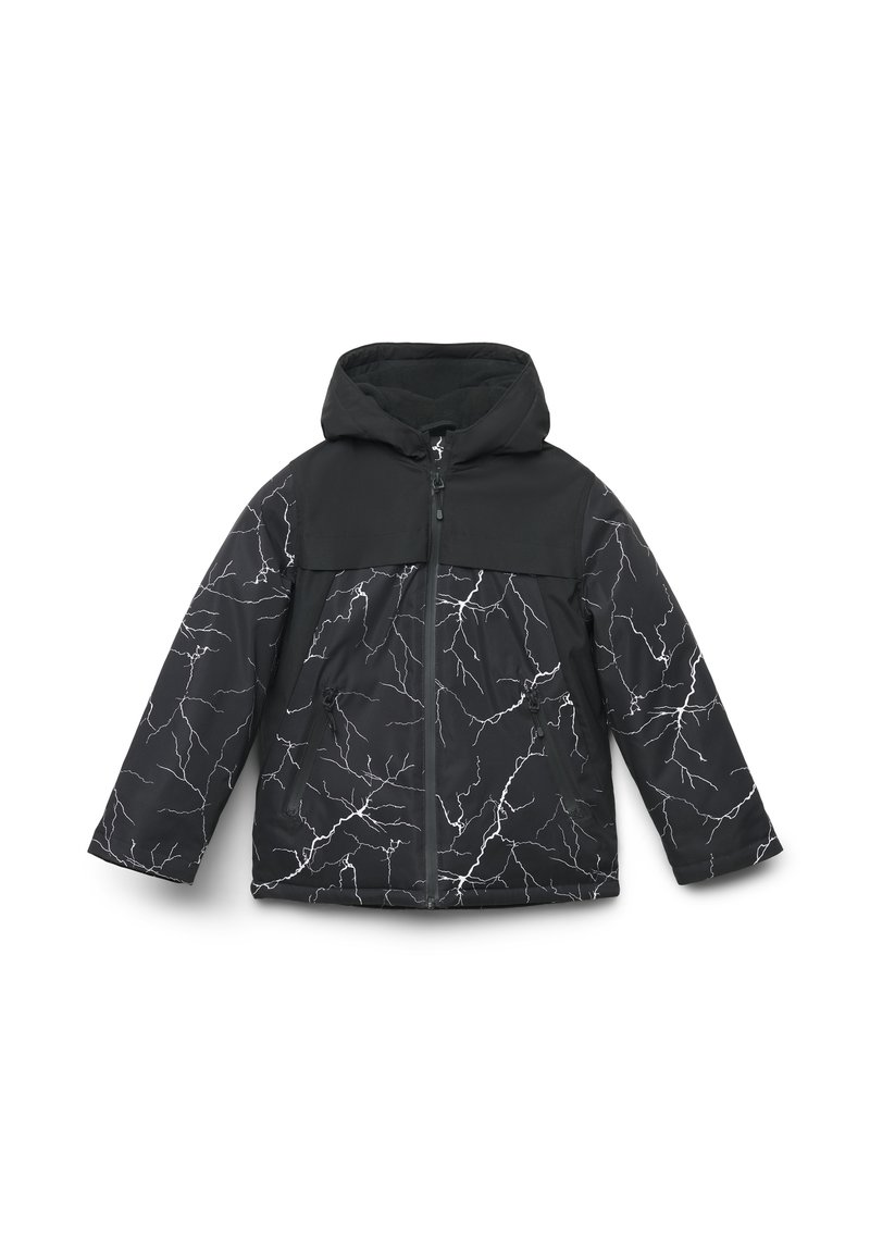 Giacca nera con motivo a fulmini bianchi, con zip frontale e cappuccio. Presenta una sezione superiore completamente nera e due tasche laterali.