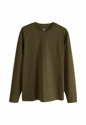 Langærmet olivengrøn crewneck-shirt i regular fit, str. medium, vist mod en hvid baggrund.