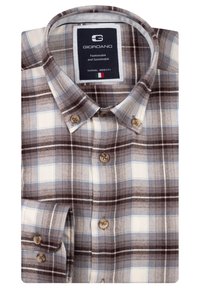 Bruin en crème geblokte overhemd met lichtblauwe accenten, voorzien van een button-down kraag, bruine knopen en een gladde stofstructuur.