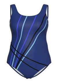 Eén stuk zwempak in donkerblauw met verticale en diagonale strepen in lichtblauw en zwart. Glad, stretchy materiaal, scoop halslijn.