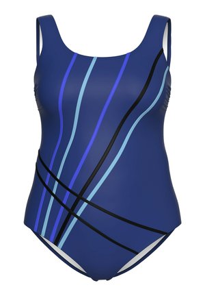 Einteiliger Badeanzug in Dunkelblau mit vertikalen und diagonalen Streifen in Hellblau und Schwarz. Glatter, elastischer Stoff, Rundhalsausschnitt.